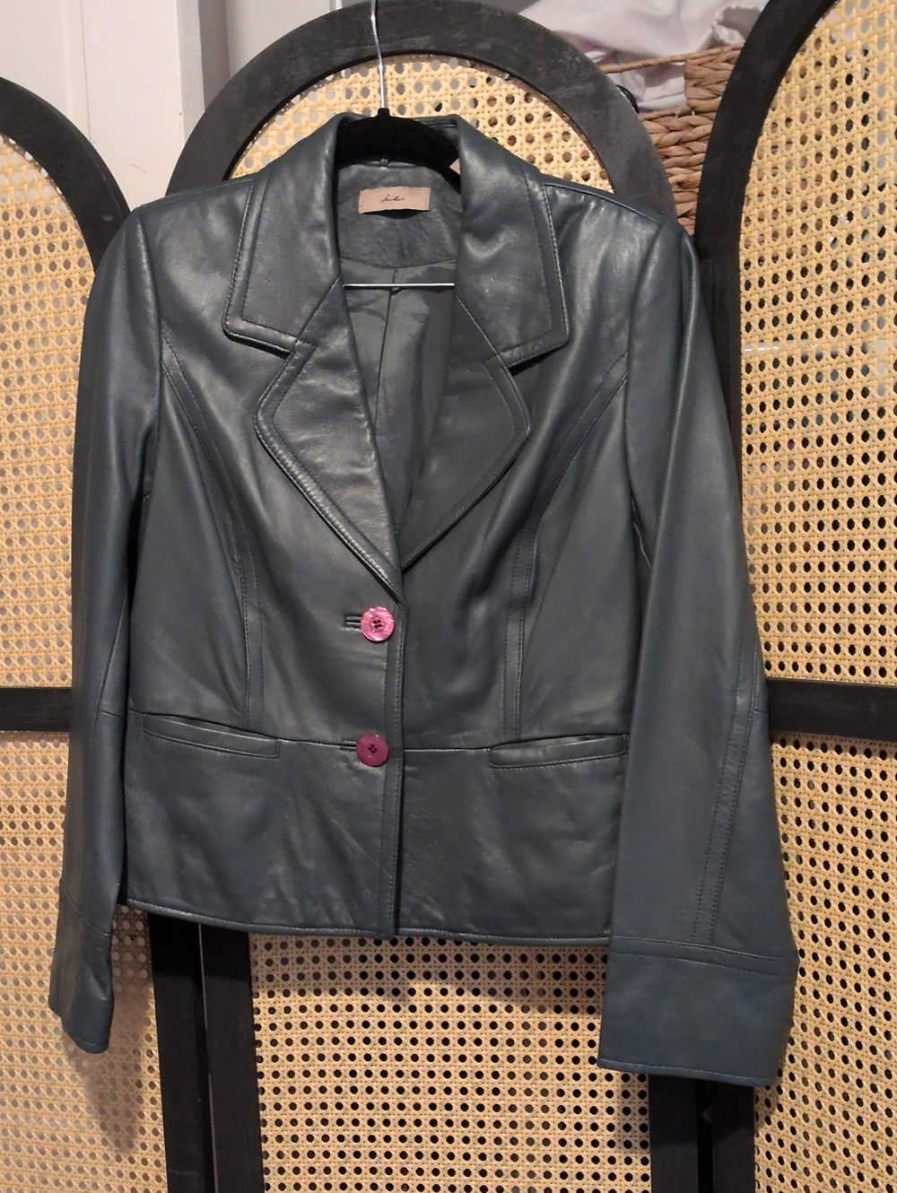 IEdesigned Teal Leather Blazer with Pink Buttons